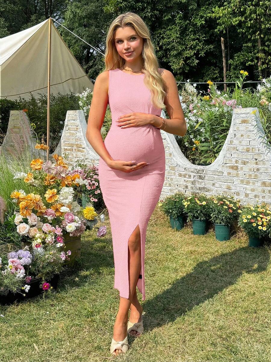 Maternity Long Twist Knot Slit Bodycon Midi Dress Red Sleeveless Round Neck Slim Fit Summer Vacation Outfits for Women