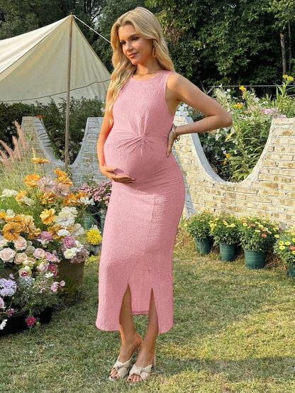 Maternity Long Twist Knot Slit Bodycon Midi Dress Red Sleeveless Round Neck Slim Fit Summer Vacation Outfits for Women
