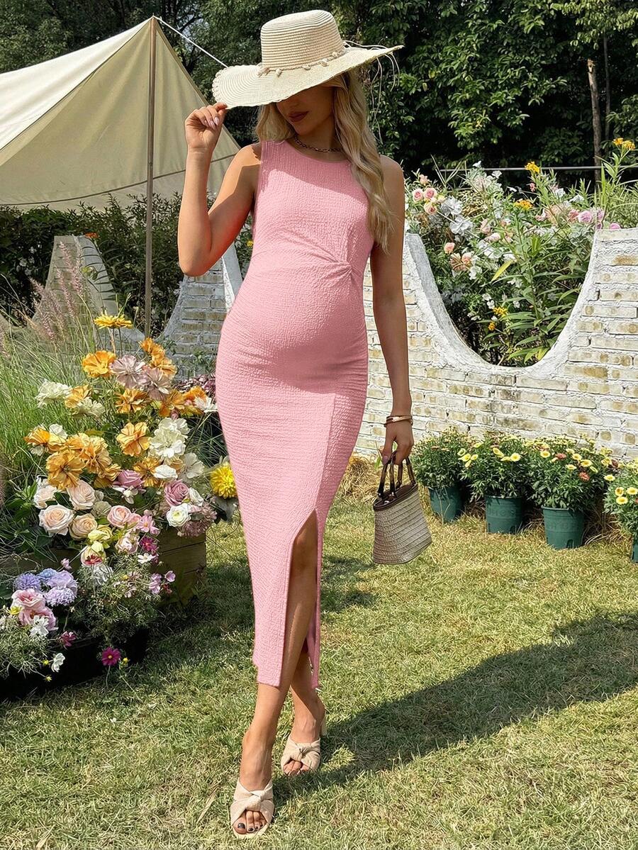 Women's Long Twist Knot Slit Casual Maternity Dress