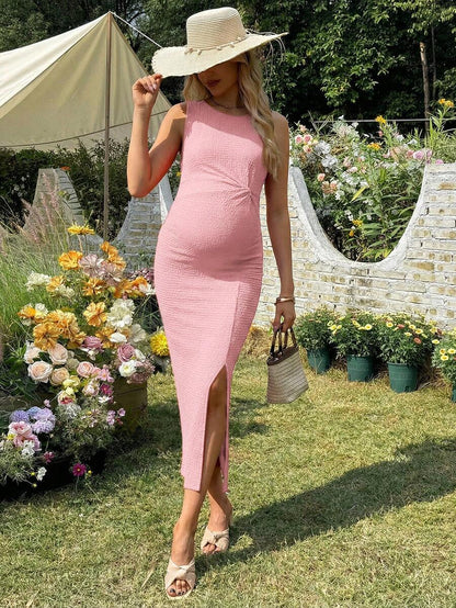 Maternity Long Twist Knot Slit Bodycon Midi Dress Red Sleeveless Round Neck Slim Fit Summer Vacation Outfits for Women