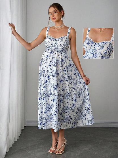 Maternity Boho Cami Maxi Dress - Spaghetti Strap, Ditsy Floral, Ruffle Hem, Blue and White