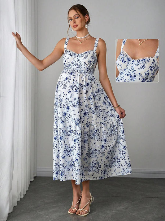 Maternity Boho Cami Maxi Dress - Spaghetti Strap, Ditsy Floral, Ruffle Hem, Blue and White