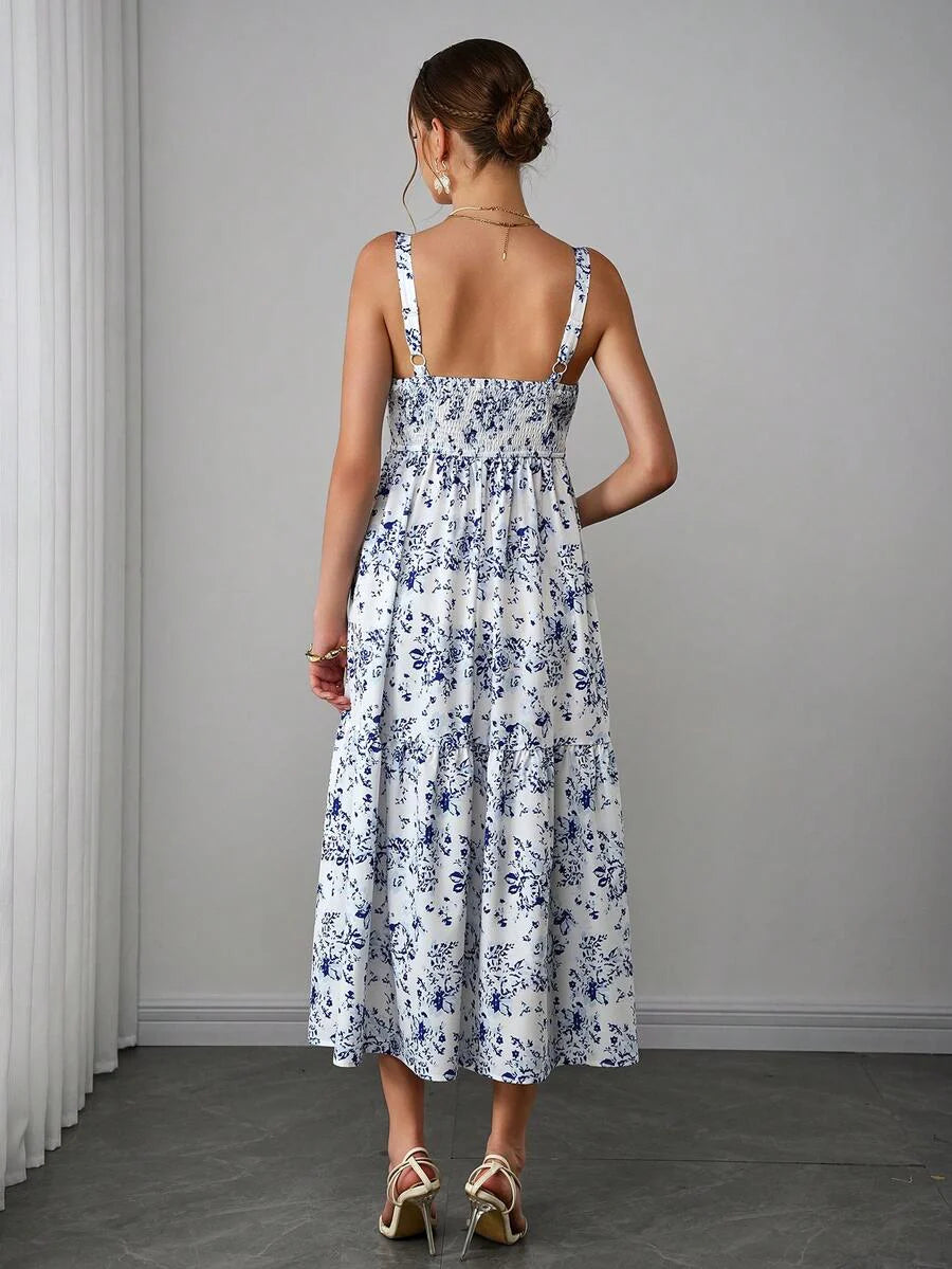 Maternity Boho Cami Maxi Dress - Spaghetti Strap, Ditsy Floral, Ruffle Hem, Blue and White