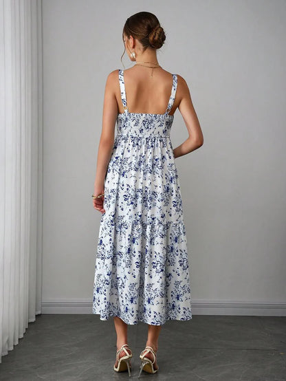 Maternity Boho Cami Maxi Dress - Spaghetti Strap, Ditsy Floral, Ruffle Hem, Blue and White