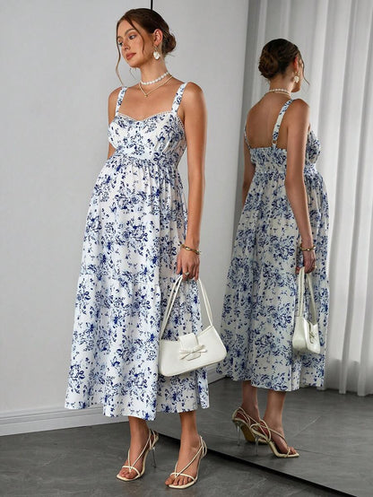 Maternity Boho Cami Maxi Dress - Spaghetti Strap, Ditsy Floral, Ruffle Hem, Blue and White