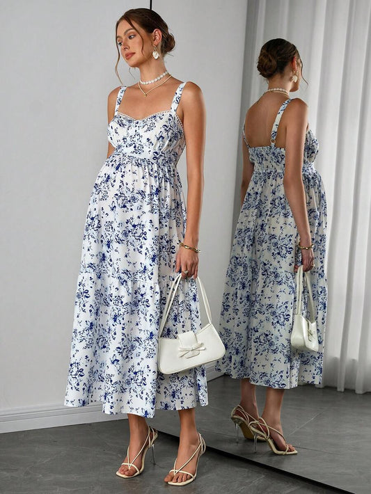 Maternity Boho Cami Maxi Dress - Spaghetti Strap, Ditsy Floral, Ruffle Hem, Blue and White