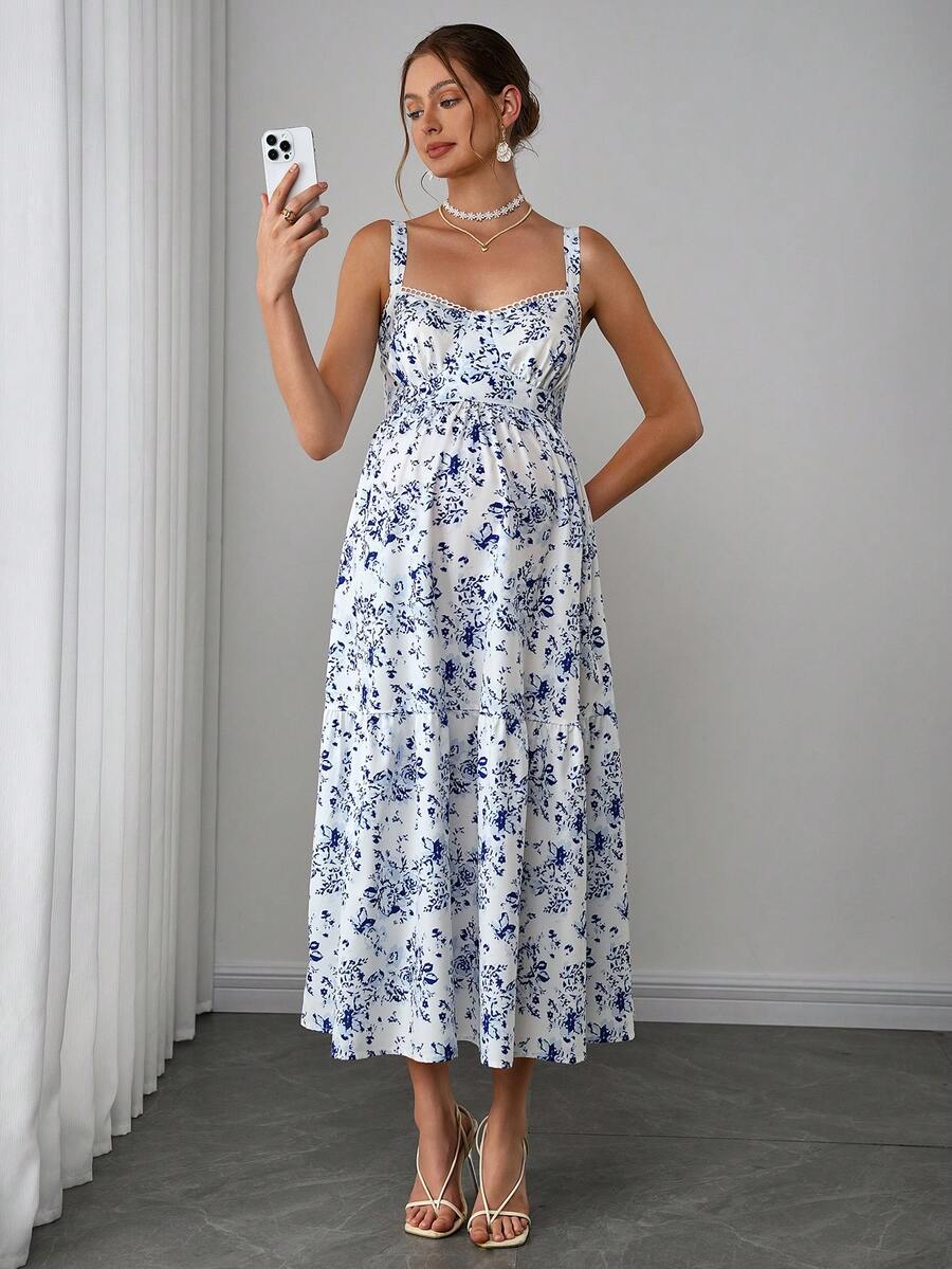 Maternity Boho Cami Maxi Dress - Spaghetti Strap, Ditsy Floral, Ruffle Hem, Blue and White