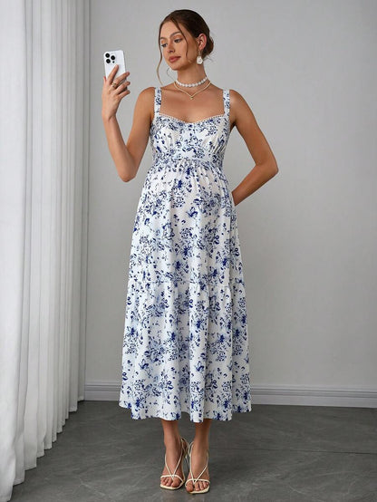 Maternity Boho Cami Maxi Dress - Spaghetti Strap, Ditsy Floral, Ruffle Hem, Blue and White