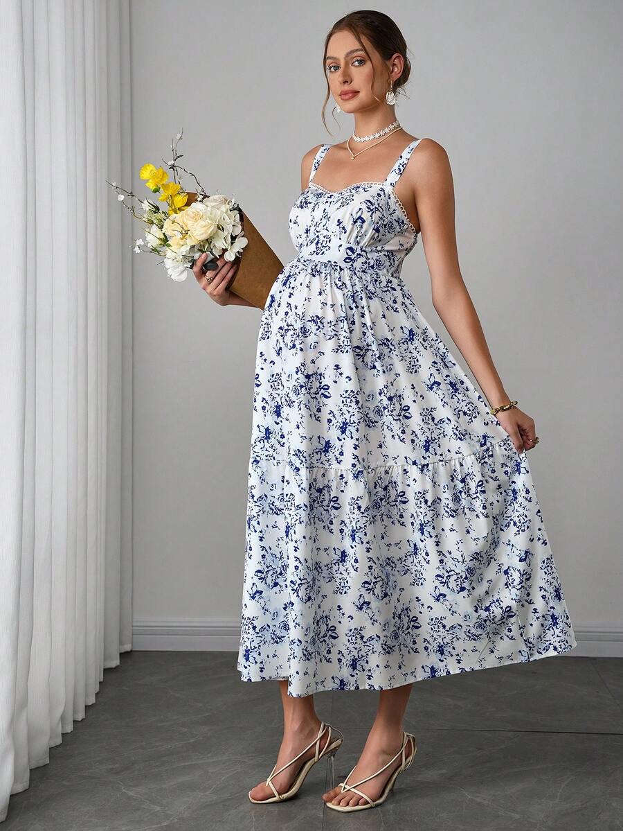 Maternity Boho Cami Maxi Dress - Spaghetti Strap, Ditsy Floral, Ruffle Hem, Blue and White