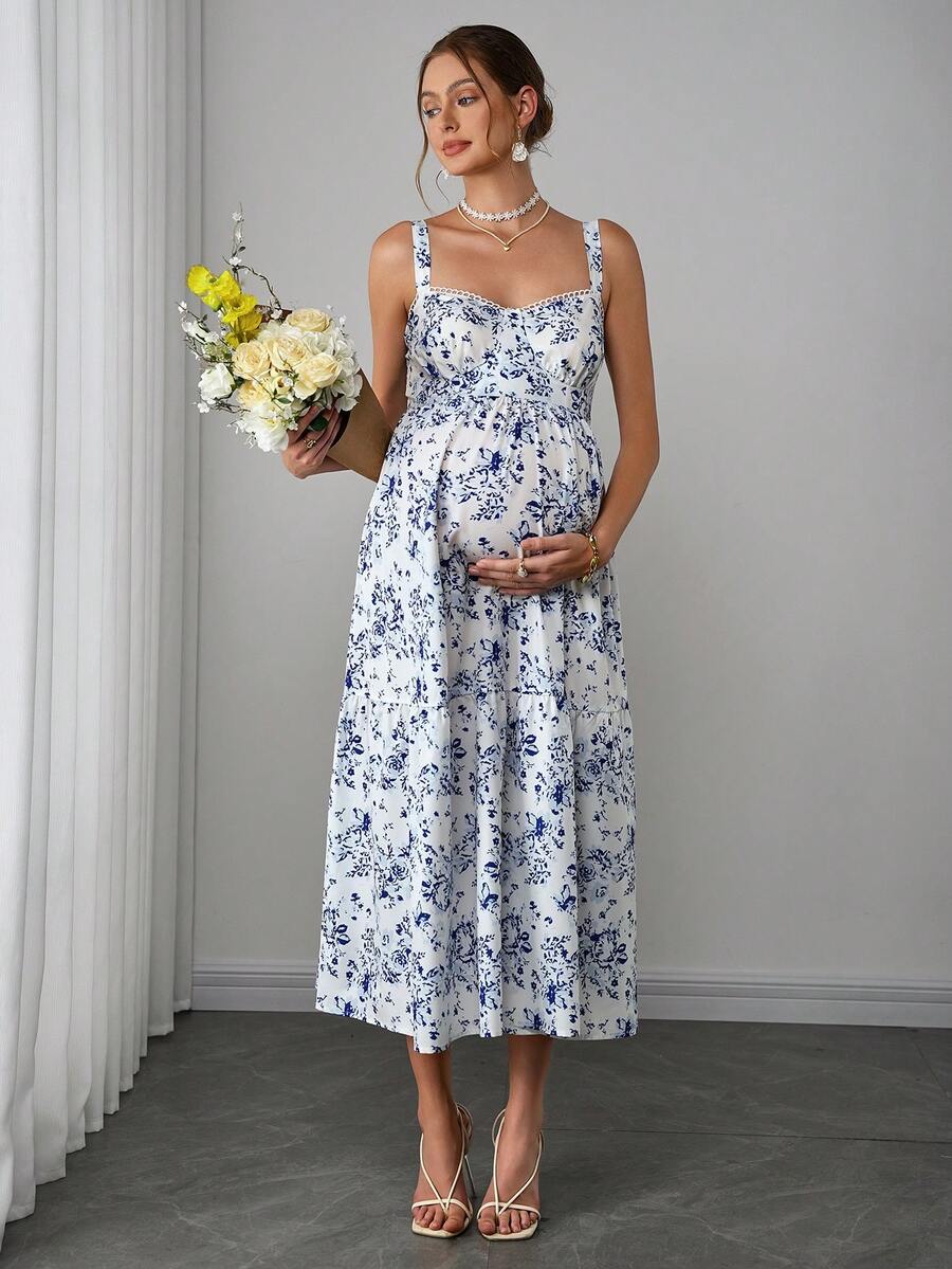 Maternity Boho Cami Maxi Dress - Spaghetti Strap, Ditsy Floral, Ruffle Hem, Blue and White