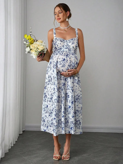Maternity Boho Cami Maxi Dress - Spaghetti Strap, Ditsy Floral, Ruffle Hem, Blue and White