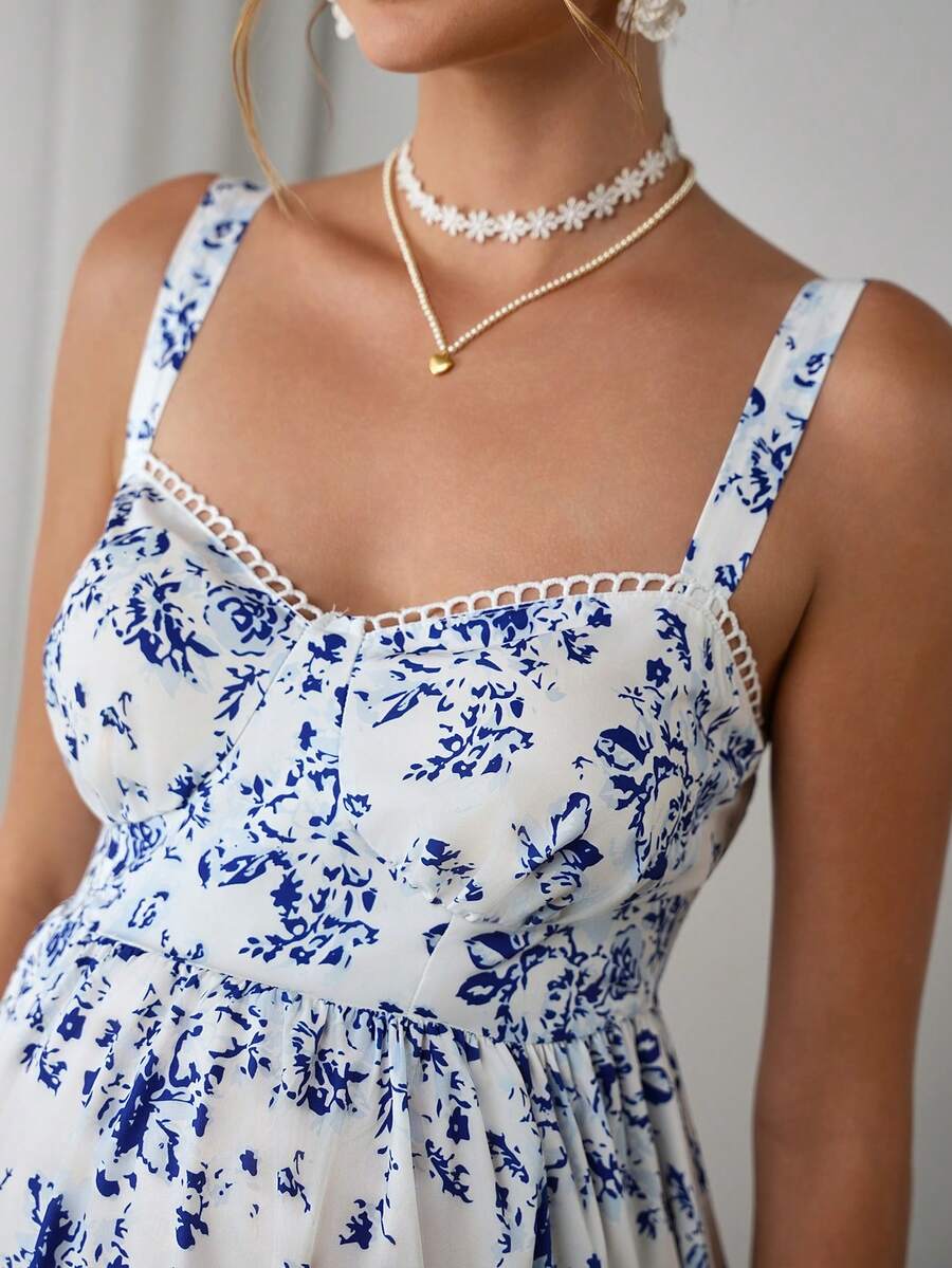 Maternity Boho Cami Maxi Dress - Spaghetti Strap, Ditsy Floral, Ruffle Hem, Blue and White