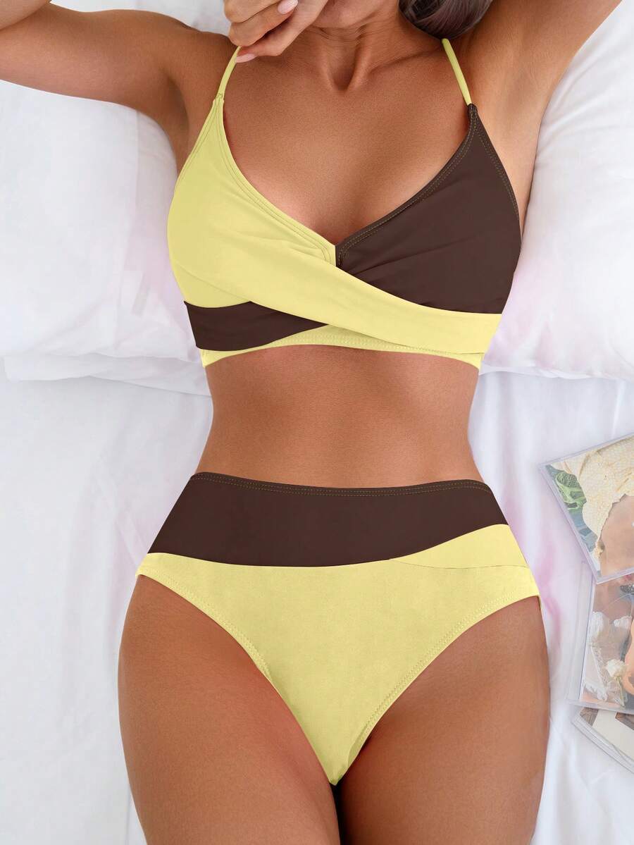Women's 2-Piece Color-Block Bikini Set - Spaghetti Strap, Criss Cross, High Waist, Multicolor