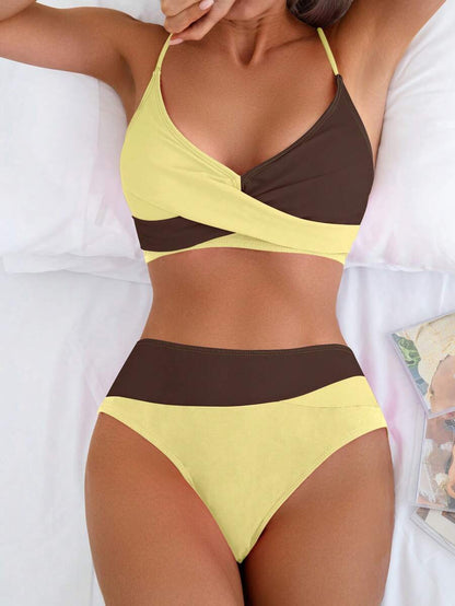 Women's 2-Piece Color-Block Bikini Set - Spaghetti Strap, Criss Cross, High Waist, Multicolor