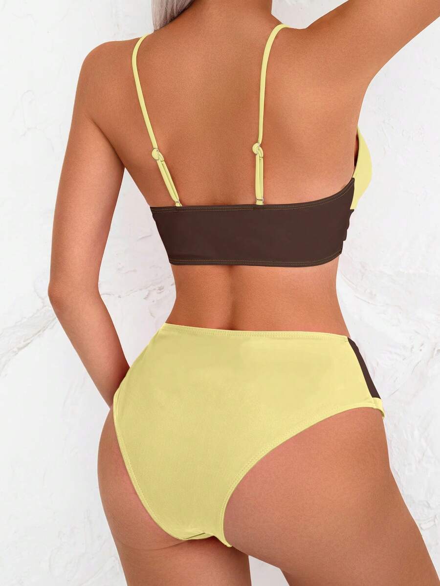 Women's 2-Piece Color-Block Bikini Set - Spaghetti Strap, Criss Cross, High Waist, Multicolor
