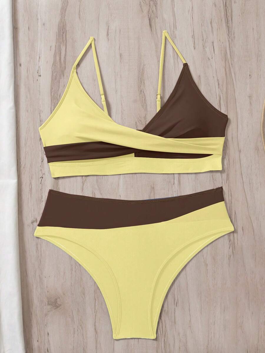Women's 2-Piece Color-Block Bikini Set - Spaghetti Strap, Criss Cross, High Waist, Multicolor