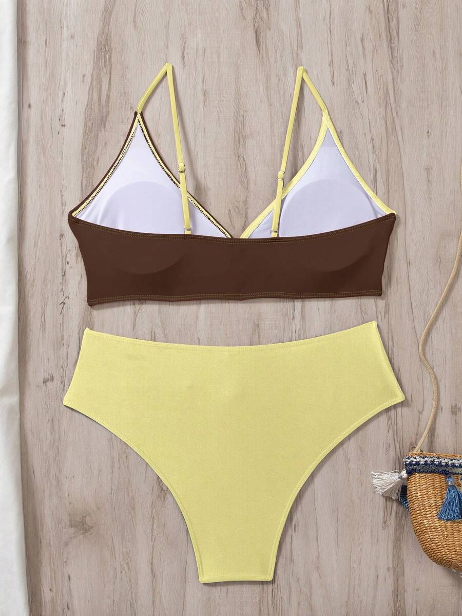 Women's 2-Piece Color-Block Bikini Set - Spaghetti Strap, Criss Cross, High Waist, Multicolor
