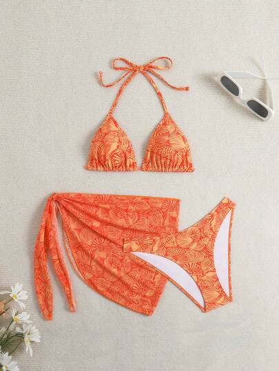 Women's 3-Piece Shell Print Bikini Set - V-Neck Halter, Triangle, Side Tie Skirt, Multicolor