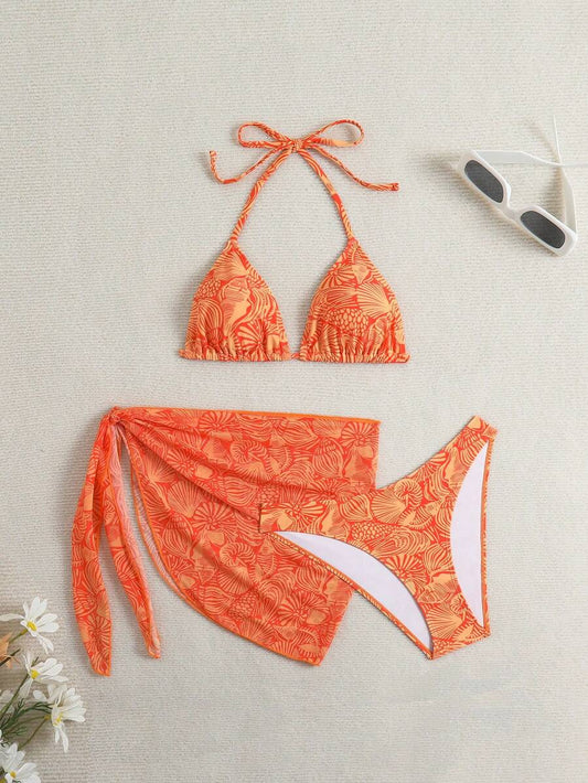 Women's 3-Piece Shell Print Bikini Set - V-Neck Halter, Triangle, Side Tie Skirt, Multicolor