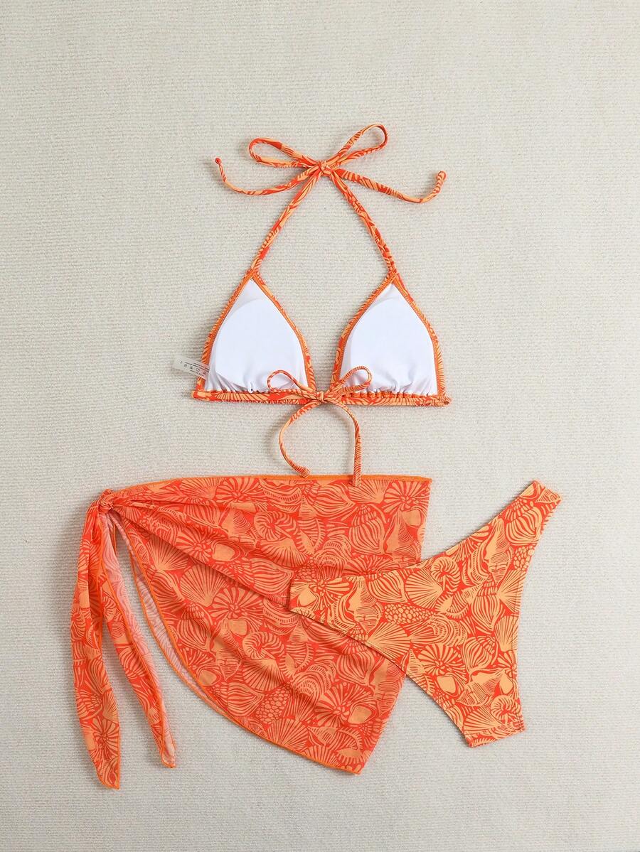 Women's 3-Piece Shell Print Bikini Set - V-Neck Halter, Triangle, Side Tie Skirt, Multicolor