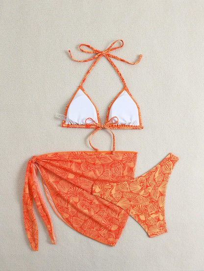 Women's 3-Piece Shell Print Bikini Set - V-Neck Halter, Triangle, Side Tie Skirt, Multicolor