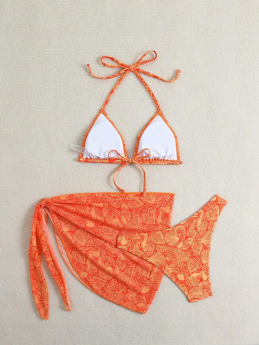 Women's 3-Piece Shell Print Bikini Set - V-Neck Halter, Triangle, Side Tie Skirt, Multicolor