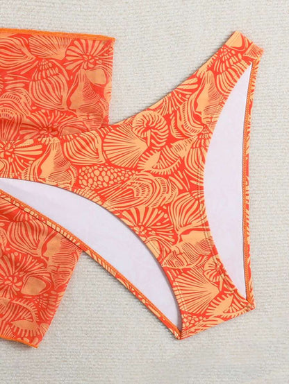 Women's 3-Piece Shell Print Bikini Set - V-Neck Halter, Triangle, Side Tie Skirt, Multicolor