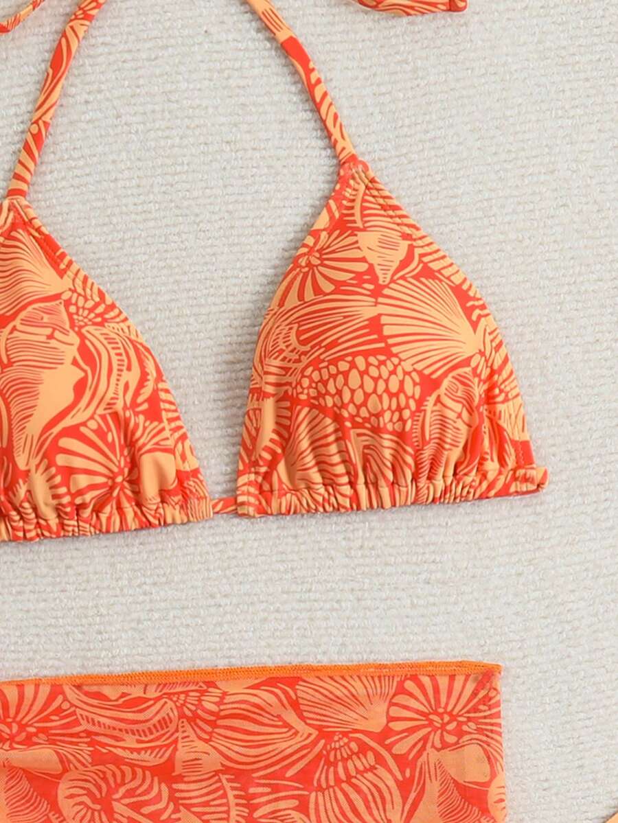 Women's 3-Piece Shell Print Bikini Set - V-Neck Halter, Triangle, Side Tie Skirt, Multicolor