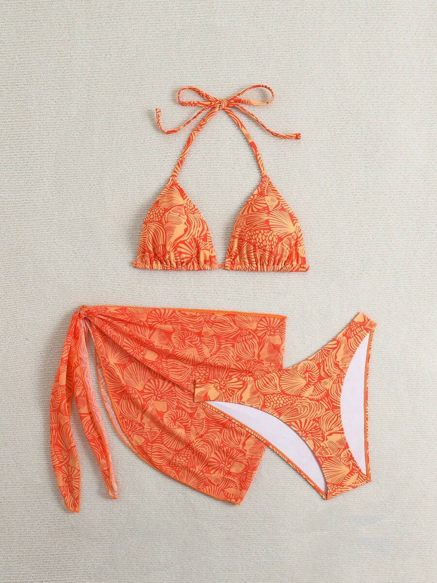 Women's 3-Piece Shell Print Bikini Set - V-Neck Halter, Triangle, Side Tie Skirt, Multicolor