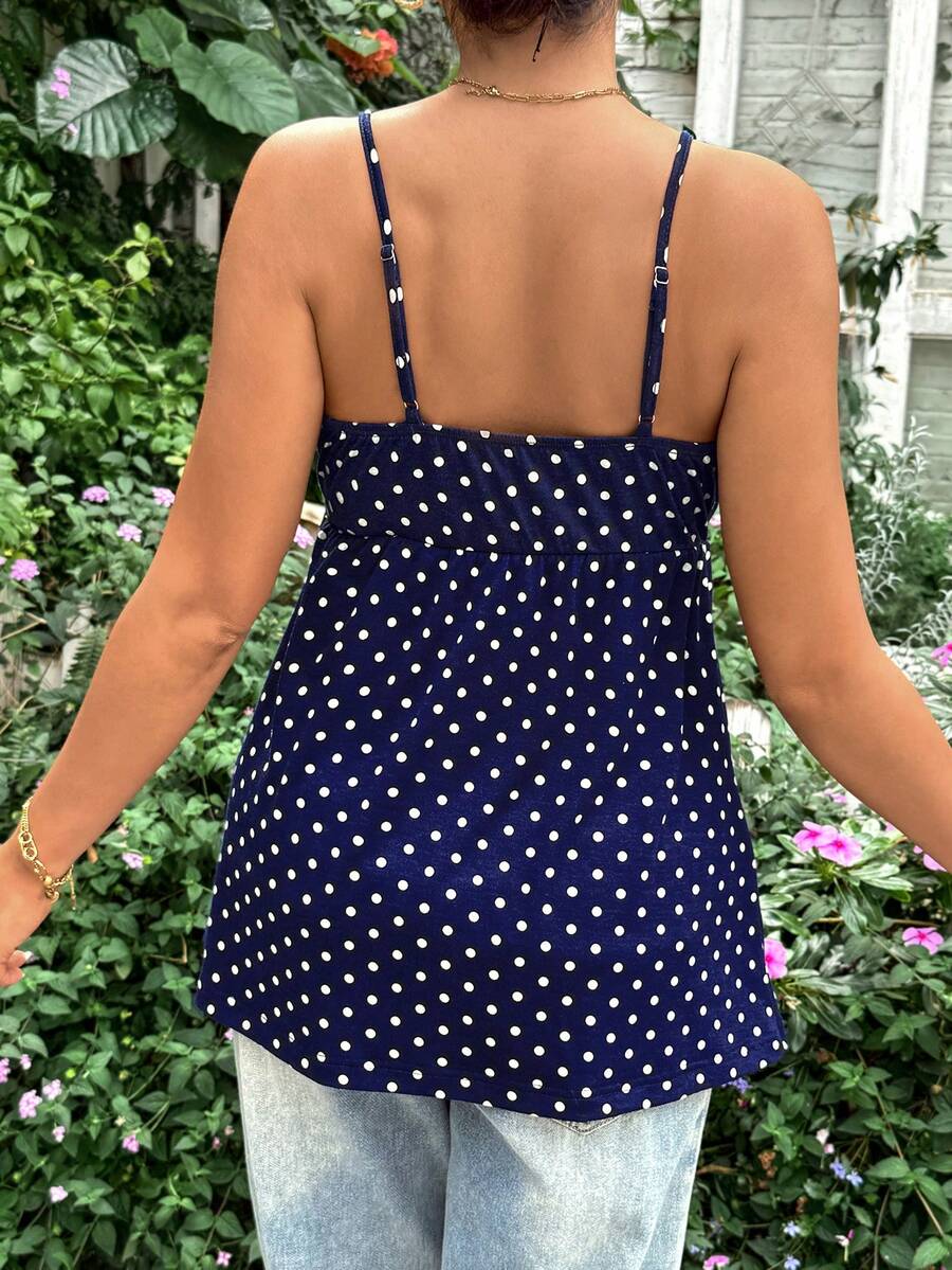 Blue Polka Dot Lace Maternity Cami Top with Adjustable Spaghetti Straps and Flared Hem Slim Fit Geometric Knit Maternity Beach Camisole