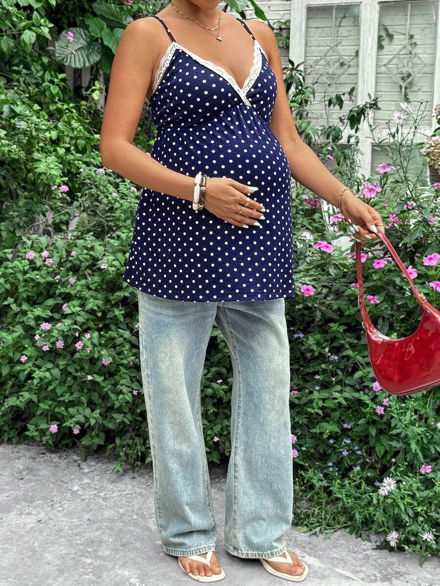 Blue Polka Dot Lace Maternity Cami Top with Adjustable Spaghetti Straps and Flared Hem Slim Fit Geometric Knit Maternity Beach Camisole