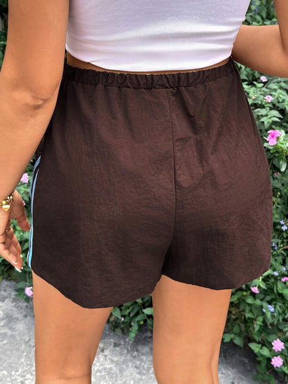 Brown Striped Side Tape Maternity Shorts with Adjustable Ultra-High Waist – Casual Loose Fit Summer Beach Mini Shorts for Pregnant Women