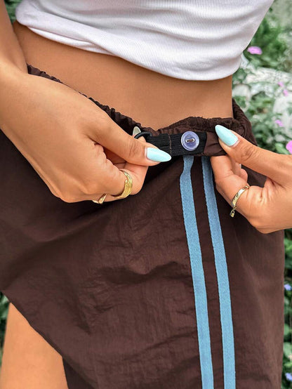 Brown Striped Side Tape Maternity Shorts with Adjustable Ultra-High Waist – Casual Loose Fit Summer Beach Mini Shorts for Pregnant Women