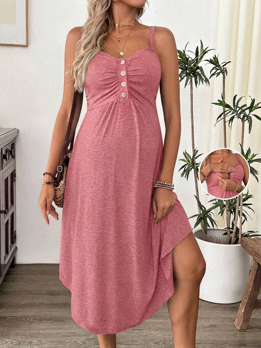 Grey Knitted Maternity Nursing Dress Asymmetrical Button Front Spaghetti Strap Sleeveless Long Casual Loungewear Maxi Dress