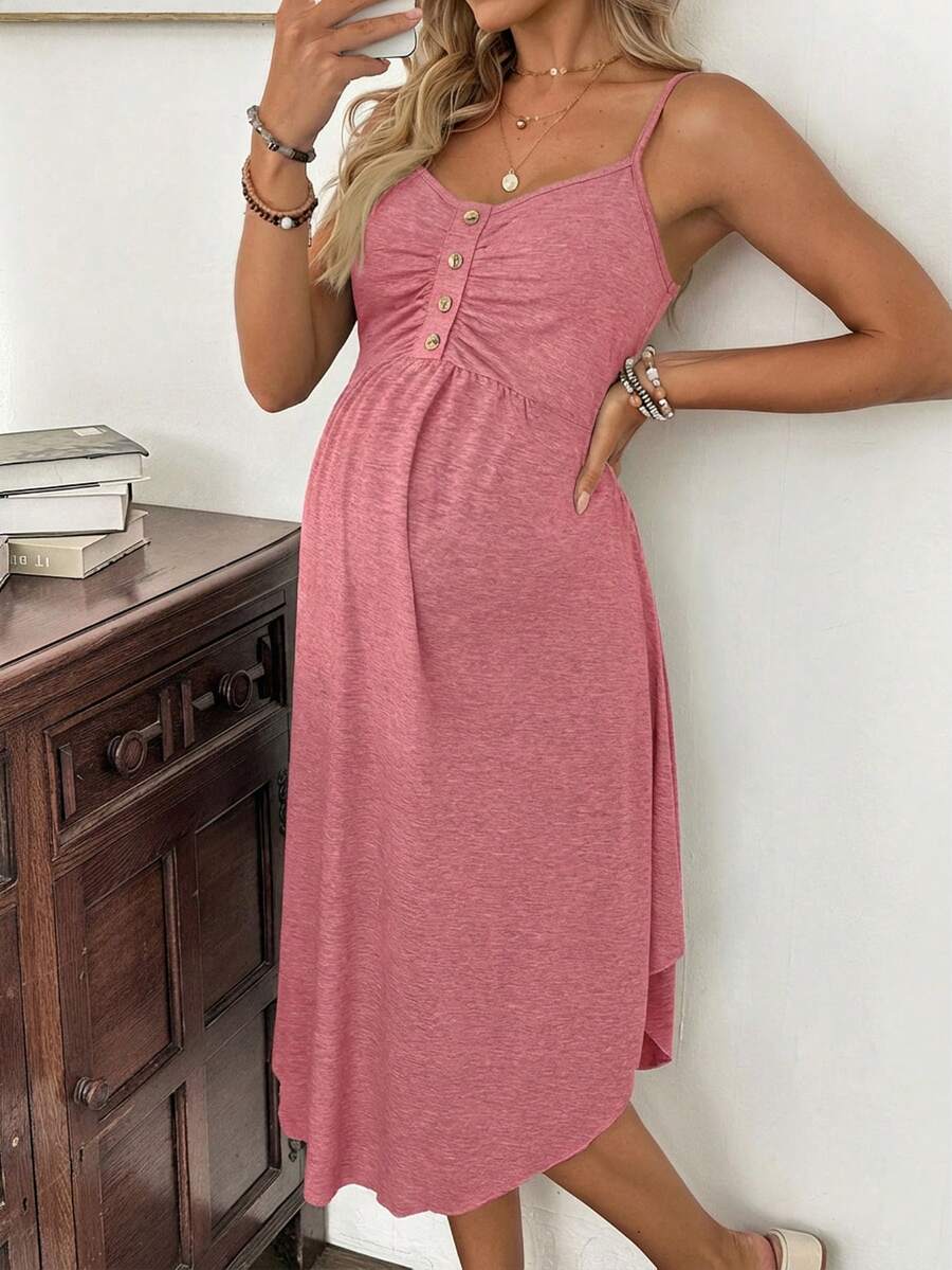 Grey Knitted Maternity Nursing Dress Asymmetrical Button Front Spaghetti Strap Sleeveless Long Casual Loungewear Maxi Dress