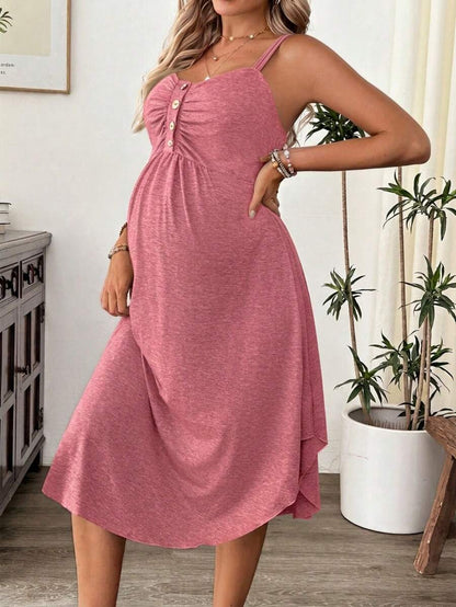 Maternity Summer Casual Burgundy Nursing Slip Dress with Ruched Bust and Button Decor - High Stretch Knit Maternity Long Dress
