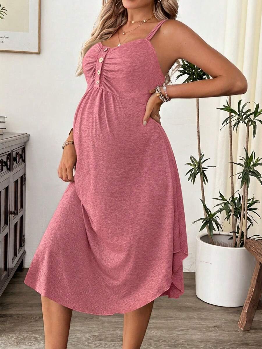 Grey Knitted Maternity Nursing Dress Asymmetrical Button Front Spaghetti Strap Sleeveless Long Casual Loungewear Maxi Dress