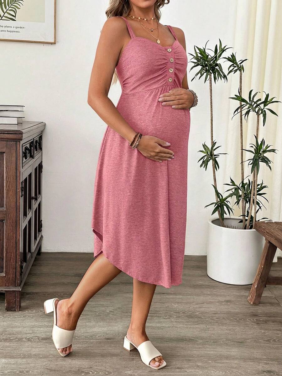 Grey Knitted Maternity Nursing Dress Asymmetrical Button Front Spaghetti Strap Sleeveless Long Casual Loungewear Maxi Dress