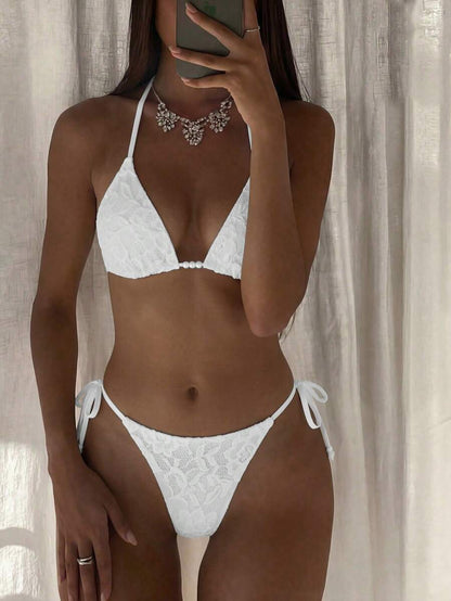 Swim Vcay Women's Solid Color Halter Tie Backless Sexy Thong Bikini Set Bikini Triangle Lemon Bikini Yellow Bathing Suits Light Yellow Bikini String Bikini Set