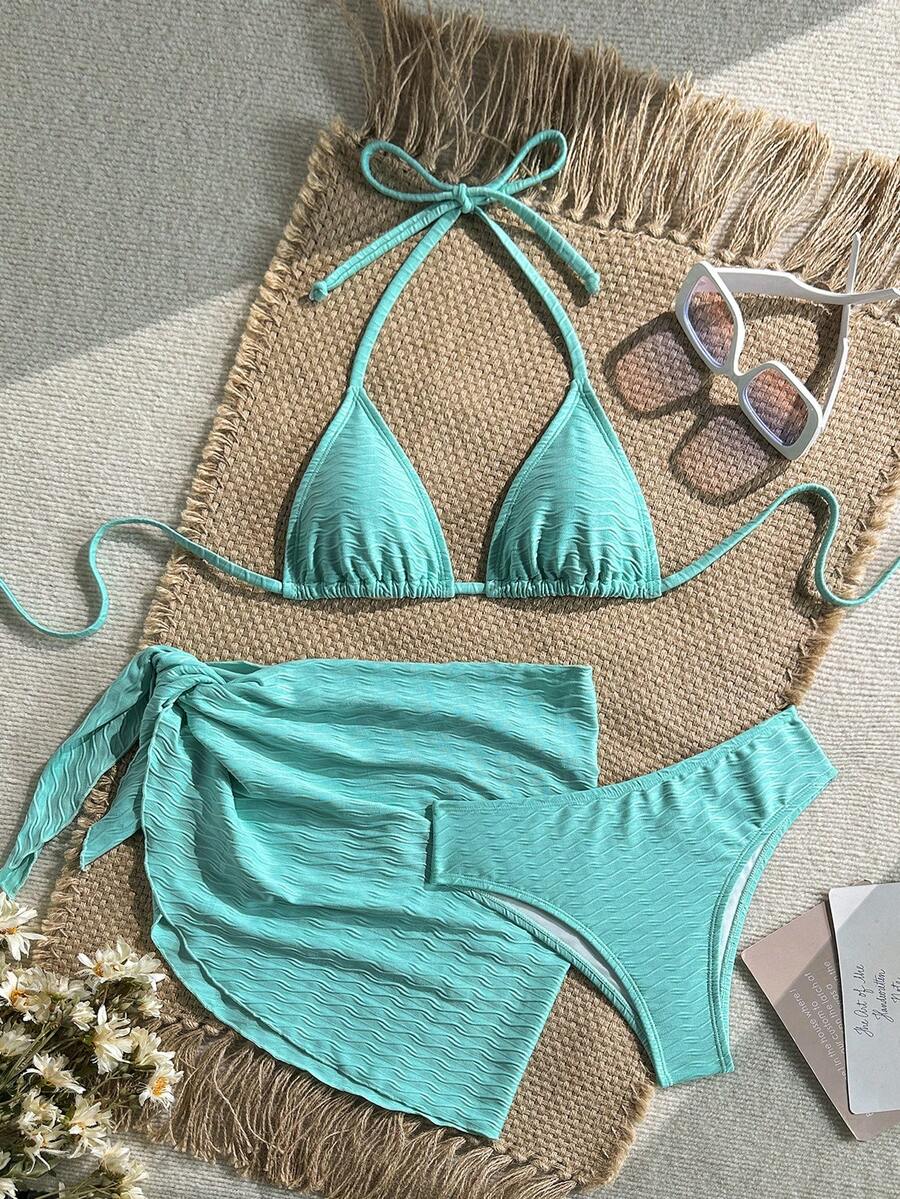 Women's 3-Piece Solid Halter Bikini Set - Knot Detail, Skirt Cover-Up, Triangle Cup, Red