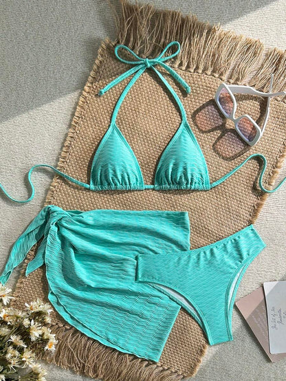 Women's 3-Piece Solid Halter Bikini Set - Knot Detail, Skirt Cover-Up, Triangle Cup, Red