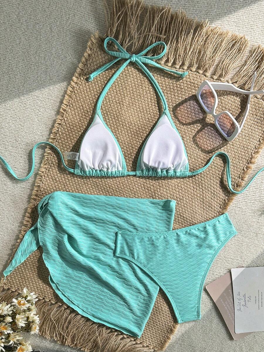 Women's 3-Piece Solid Halter Bikini Set - Knot Detail, Skirt Cover-Up, Triangle Cup, Red