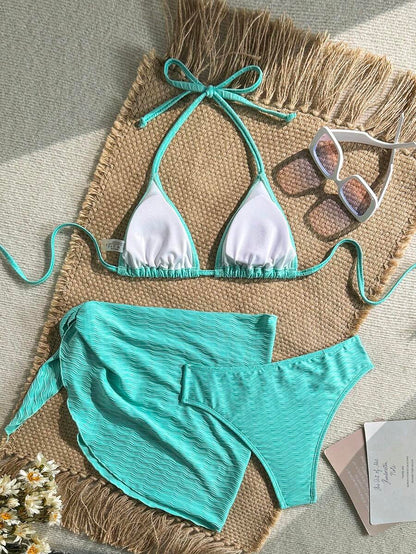 Women's 3-Piece Solid Halter Bikini Set - Knot Detail, Skirt Cover-Up, Triangle Cup, Red
