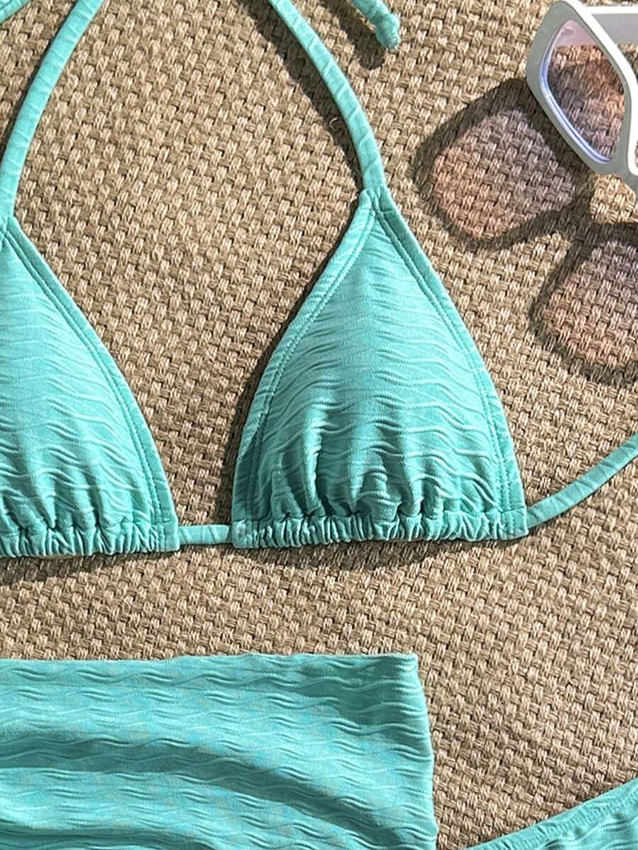 Women's 3-Piece Solid Halter Bikini Set - Knot Detail, Skirt Cover-Up, Triangle Cup, Red