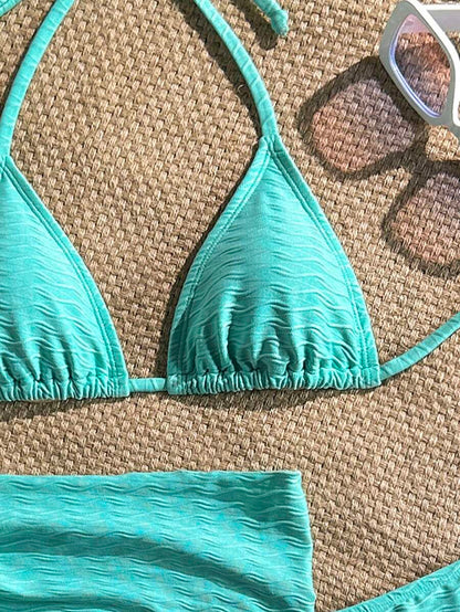 Women's 3-Piece Solid Halter Bikini Set - Knot Detail, Skirt Cover-Up, Triangle Cup, Red
