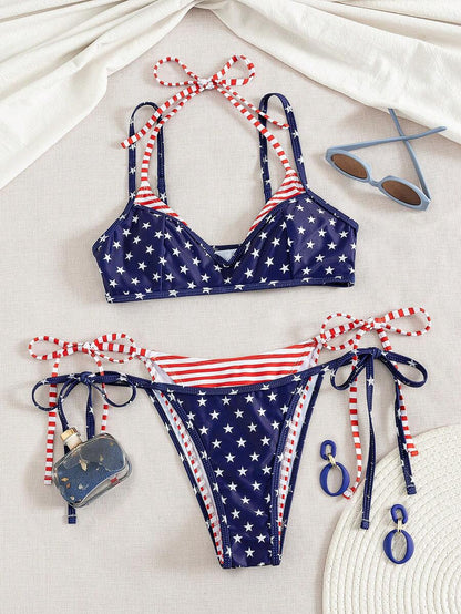 Swim Vcay 2pcs/Set New Random Print 2 In 1 Side Tie Sexy Elegant Vacation Bikini Swimwear Set, Suitable For Beach, Pool Party