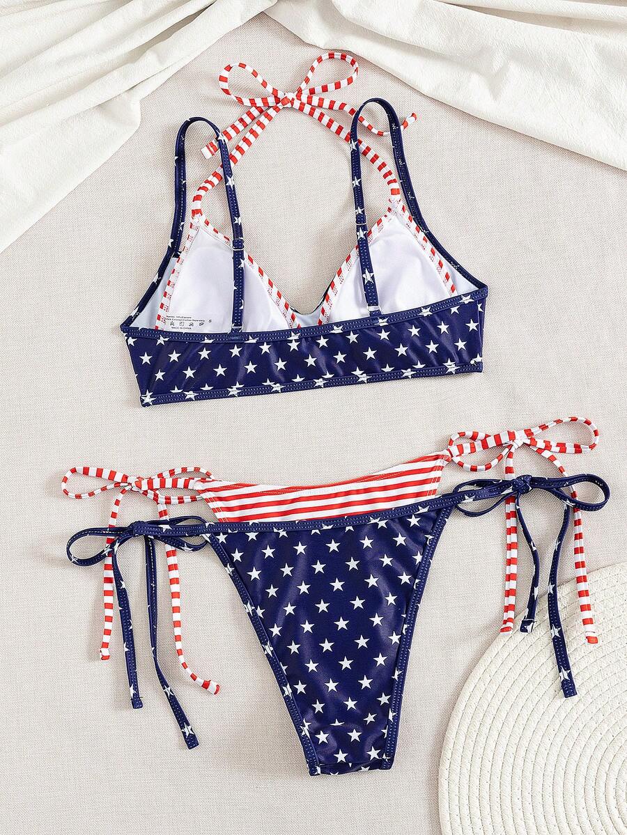 Swim Vcay 2pcs/Set New Random Print 2 In 1 Side Tie Sexy Elegant Vacation Bikini Swimwear Set, Suitable For Beach, Pool Party