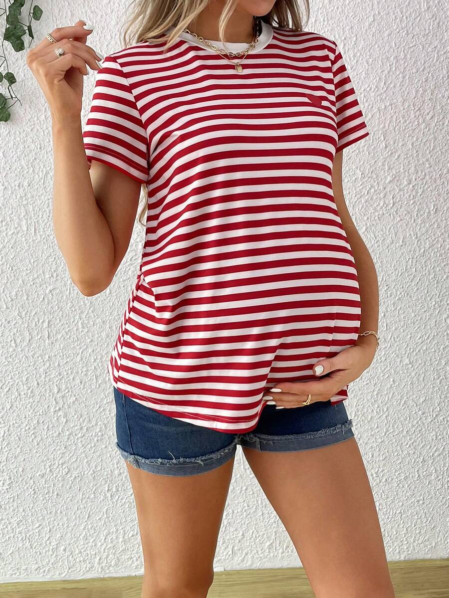 Maternity Stripe T-Shirt - Short Sleeve Embroidered Heart Round Neck Loose Fit, Blue Casual