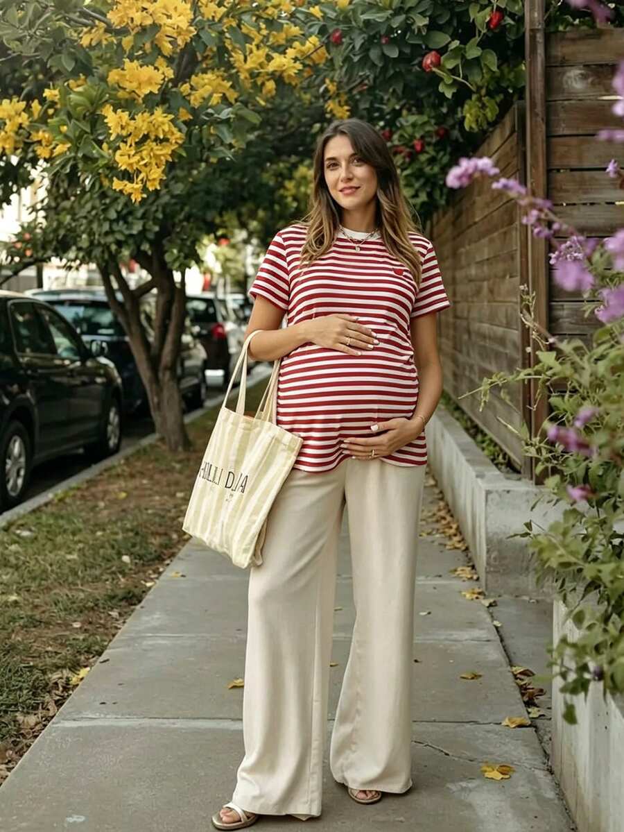 Maternity Stripe T-Shirt - Short Sleeve Embroidered Heart Round Neck Loose Fit, Blue Casual