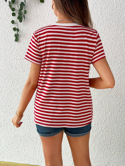 Maternity Stripe T-Shirt - Short Sleeve Embroidered Heart Round Neck Loose Fit, Blue Casual